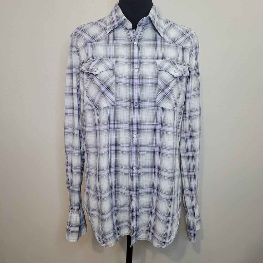 Guess Men's Vintage Button Up Pearl Snap Plaid Long Sleeve Shirt Size Medium